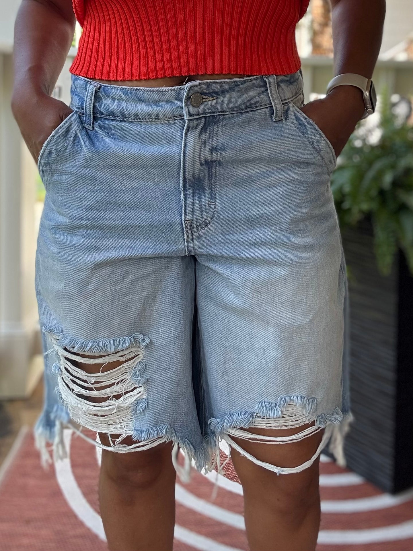 Distressed Mid Waist Bermuda