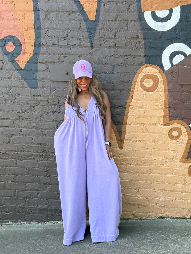 Pleated Plunge V-Neck Jumpsuit - Lavender