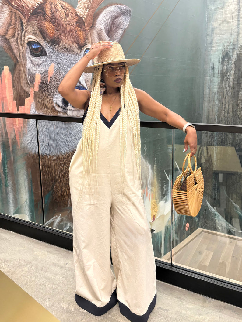 Navy Border Linen Jumpsuit