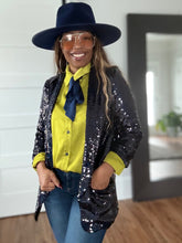 Load image into Gallery viewer, Tuxedo Sequin Blazer - Midnight Blue