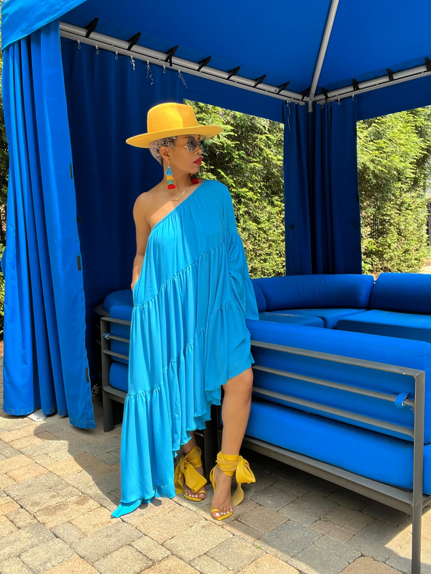 Voluminous One Shoulder Hi Low Dress - Aqua